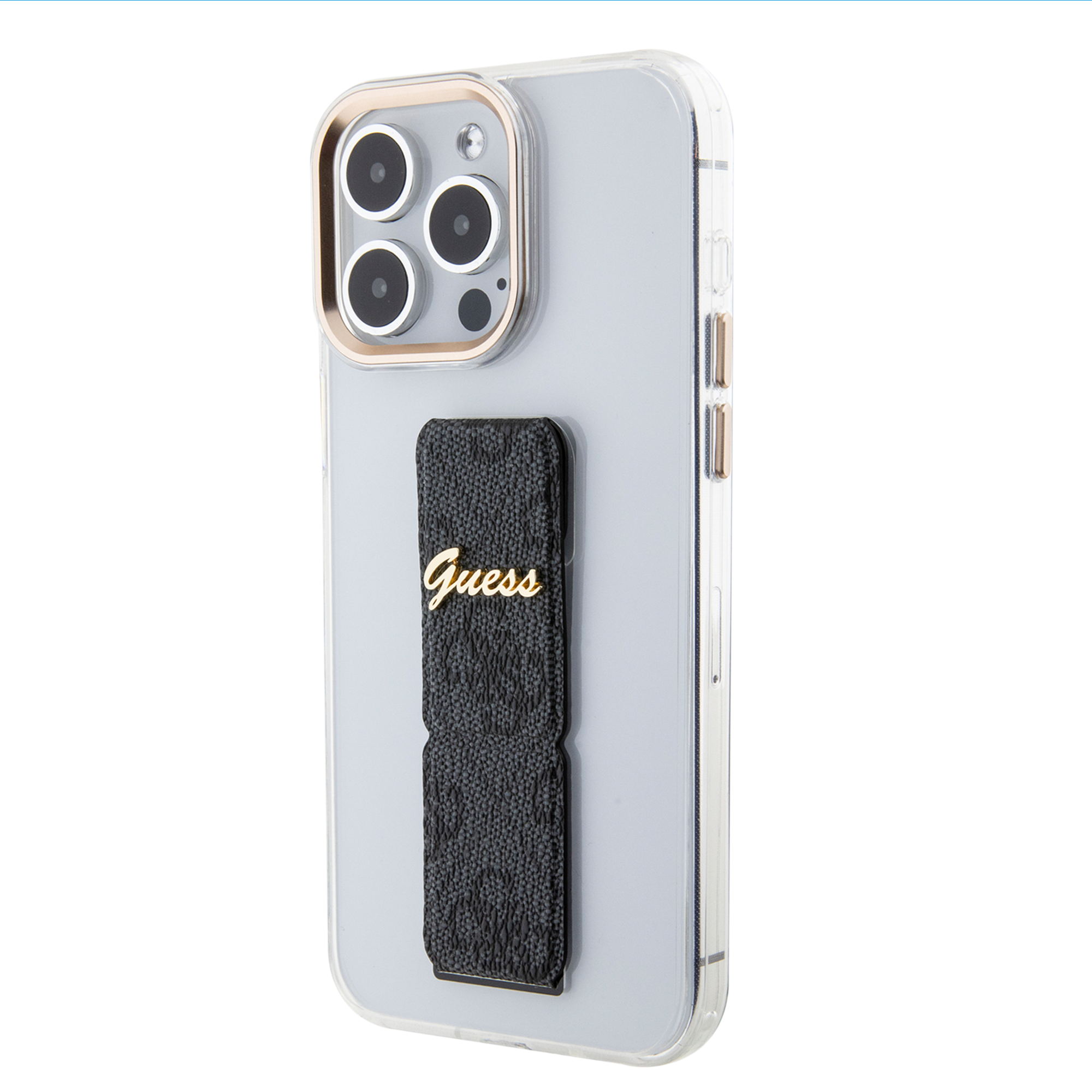 Guess Guess iPhone 15 Pro Backcover hoesje - Gripstand - Clear Case - 4G Script Logo - Zwart, foto 3 van 6