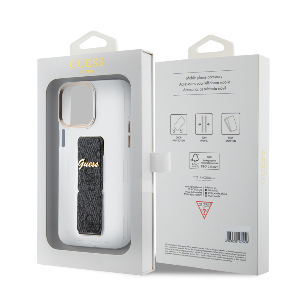 Guess Guess iPhone 15 Pro Back-Cover hul - Gripstand - Clear Case - 4G Script Logo - Schwarz Guess Guess iPhone 15 Pro Back-Cover hul - Gripstand - Clear Case - 4G Script Logo - Schwarz