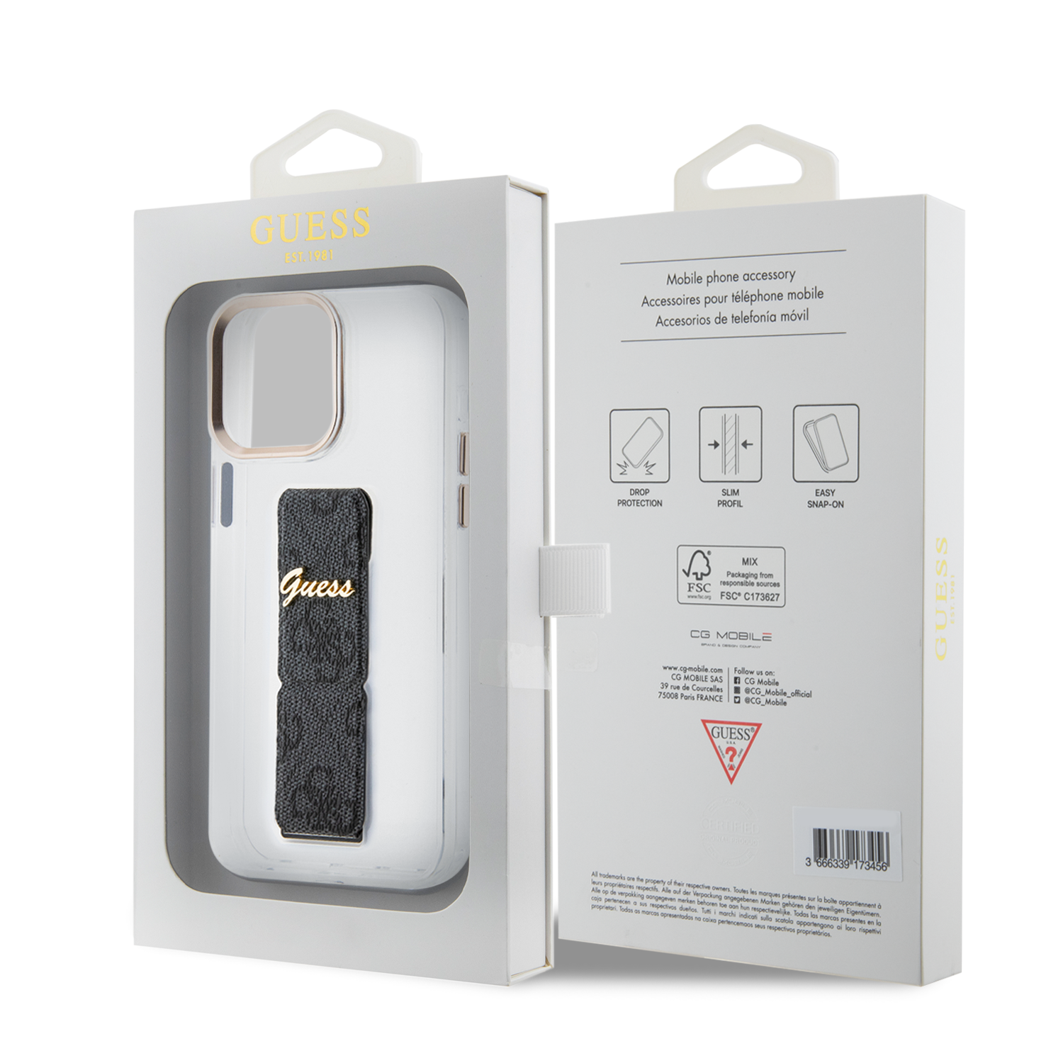 Guess Guess iPhone 15 Pro Backcover hoesje - Gripstand - Clear Case - 4G Script Logo - Zwart, foto 4 van 6