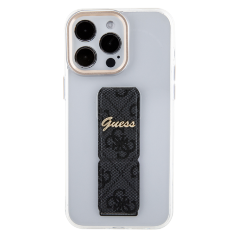 Guess Guess iPhone 15 Pro Back cover case - Gripstand - Clear Case - 4G Script Logo - Black Guess Guess iPhone 15 Pro Back cover case - Gripstand - Clear Case - 4G Script Logo - Black