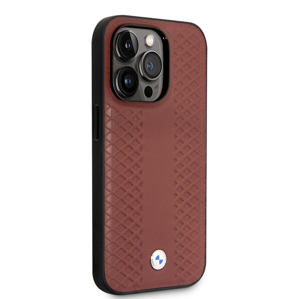 BMW BMW iPhone 14 Pro Backcover hoesje - Red Leather Signature - Diamond Hot Stamp Pattern - Burgundy BMW BMW iPhone 14 Pro Backcover hoesje - Red Leather Signature - Diamond Hot Stamp Pattern - Burgundy