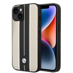 BMW iPhone 14 Plus & 15 Plus Backcover hoesje - Beige Leather Signature - Hot Stamp Lines - Beige