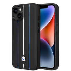 BMW iPhone 14 Plus & 15 Plus Back cover case - Blue Leather Signature - Hot Stamp Lines - Black