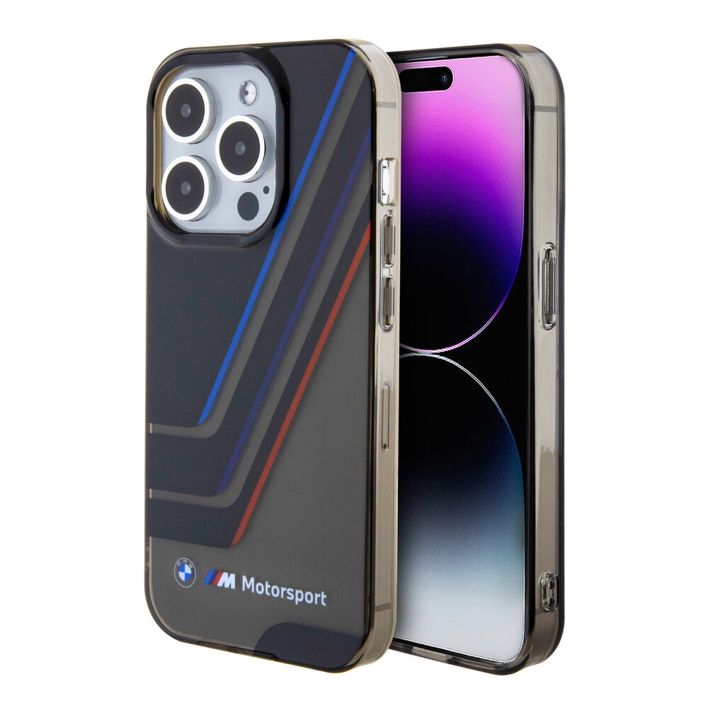BMW BMW iPhone 15 Pro Back-Cover hul - IML - Tricolor Stripes - Translucent Zones - Schwarz BMW BMW iPhone 15 Pro Back-Cover hul - IML - Tricolor Stripes - Translucent Zones - Schwarz