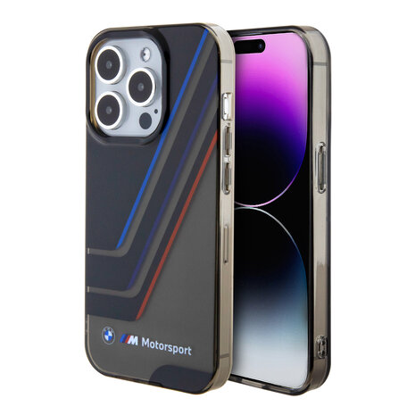 BMW BMW iPhone 15 Pro Back cover case - IML - Tricolor Stripes - Translucent Zones - Black BMW BMW iPhone 15 Pro Back cover case - IML - Tricolor Stripes - Translucent Zones - Black
