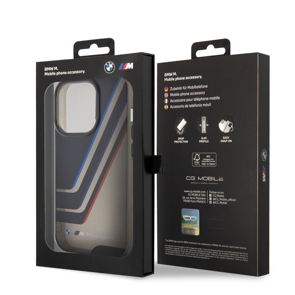 BMW BMW iPhone 15 Pro Back cover case - IML - Tricolor Stripes - Translucent Zones - Black BMW BMW iPhone 15 Pro Back cover case - IML - Tricolor Stripes - Translucent Zones - Black
