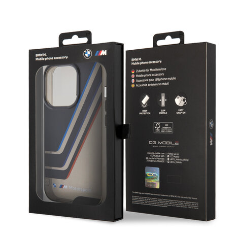 BMW BMW iPhone 15 Pro Back cover case - IML - Tricolor Stripes - Translucent Zones - Black BMW BMW iPhone 15 Pro Back cover case - IML - Tricolor Stripes - Translucent Zones - Black