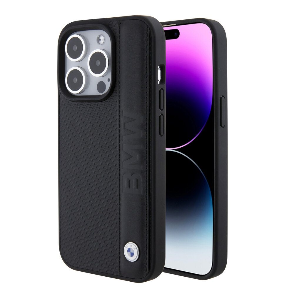 BMW BMW iPhone 15 Pro Back-Cover hul - Textured & Stripe Design - Schwarz BMW BMW iPhone 15 Pro Back-Cover hul - Textured & Stripe Design - Schwarz