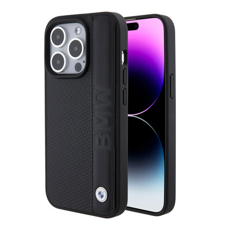 BMW BMW iPhone 15 Pro Back-Cover hul - Textured & Stripe Design - Schwarz BMW BMW iPhone 15 Pro Back-Cover hul - Textured & Stripe Design - Schwarz