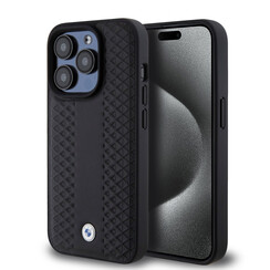 BMW iPhone 15 Pro Backcover hoesje - Red Leather Signature - Diamond Pattern - Zwart