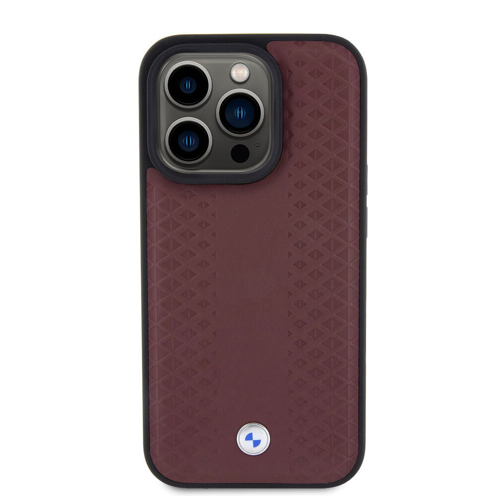 BMW BMW iPhone 15 Pro Backcover hoesje - Red Leather Signature - Diamond Pattern - Burgundy BMW BMW iPhone 15 Pro Backcover hoesje - Red Leather Signature - Diamond Pattern - Burgundy