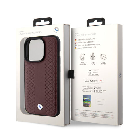 BMW BMW iPhone 15 Pro Back cover coque - Red Leather Signature - Diamond Pattern - Burgundy BMW BMW iPhone 15 Pro Back cover coque - Red Leather Signature - Diamond Pattern - Burgundy