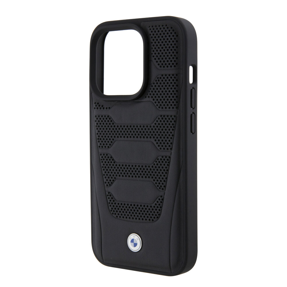 BMW BMW iPhone 15 Pro Backcover hoesje - Red Leather Signature - Perforated Seats Design - Zwart BMW BMW iPhone 15 Pro Backcover hoesje - Red Leather Signature - Perforated Seats Design - Zwart