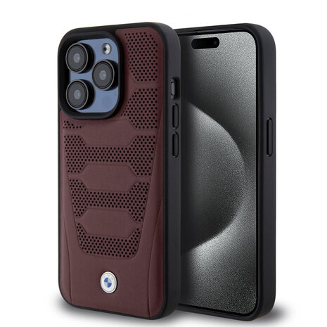 BMW BMW iPhone 15 Pro Backcover hoesje - Red Leather Signature - Perforated Seats Design - Burgundy BMW BMW iPhone 15 Pro Backcover hoesje - Red Leather Signature - Perforated Seats Design - Burgundy