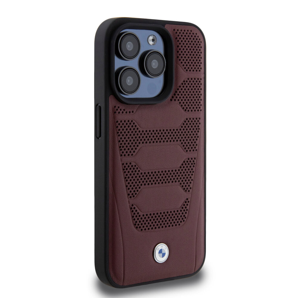 BMW BMW iPhone 15 Pro Backcover hoesje - Red Leather Signature - Perforated Seats Design - Burgundy BMW BMW iPhone 15 Pro Backcover hoesje - Red Leather Signature - Perforated Seats Design - Burgundy
