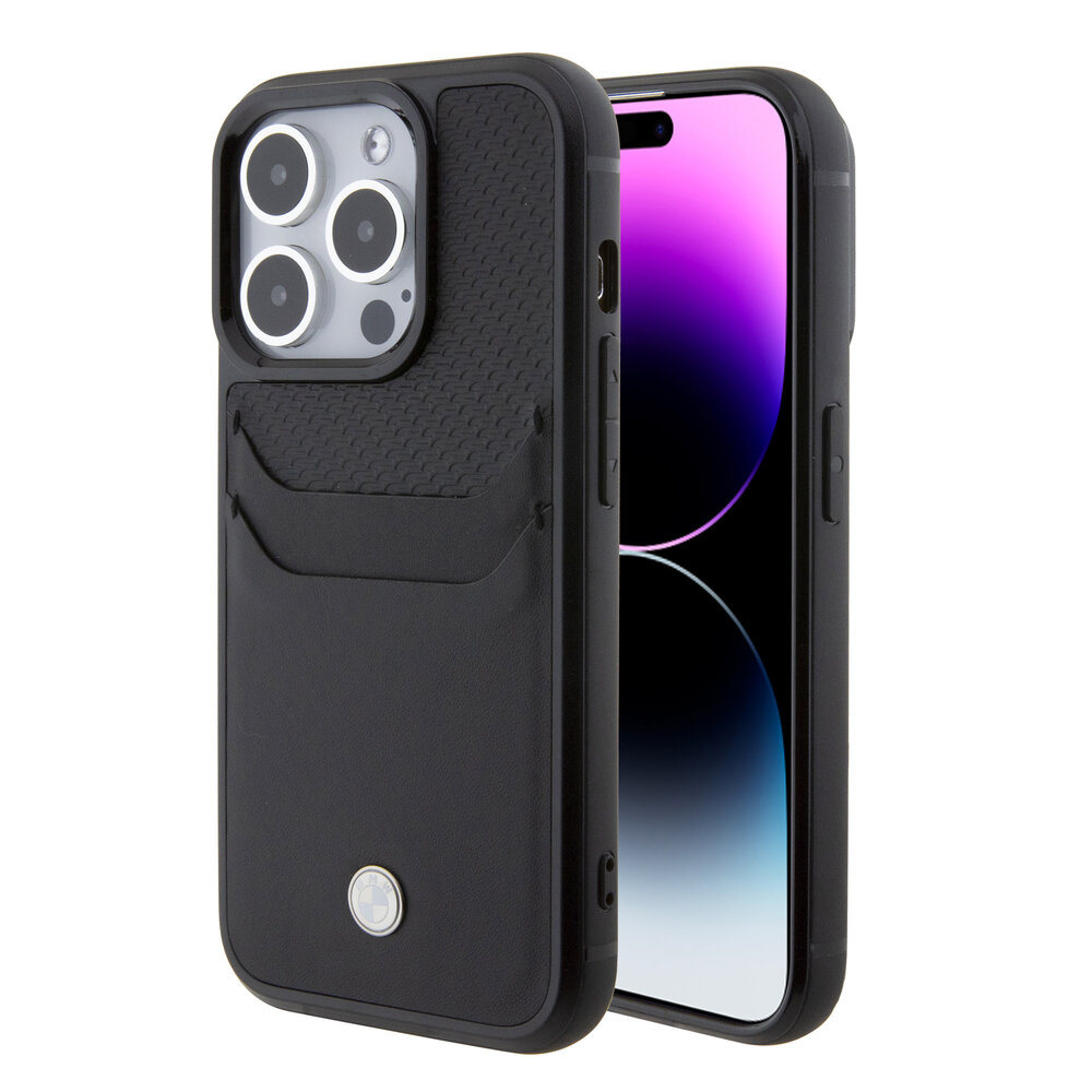 BMW BMW iPhone 15 Pro Back-Cover hul - Leather Card Slot - Schwarz BMW BMW iPhone 15 Pro Back-Cover hul - Leather Card Slot - Schwarz