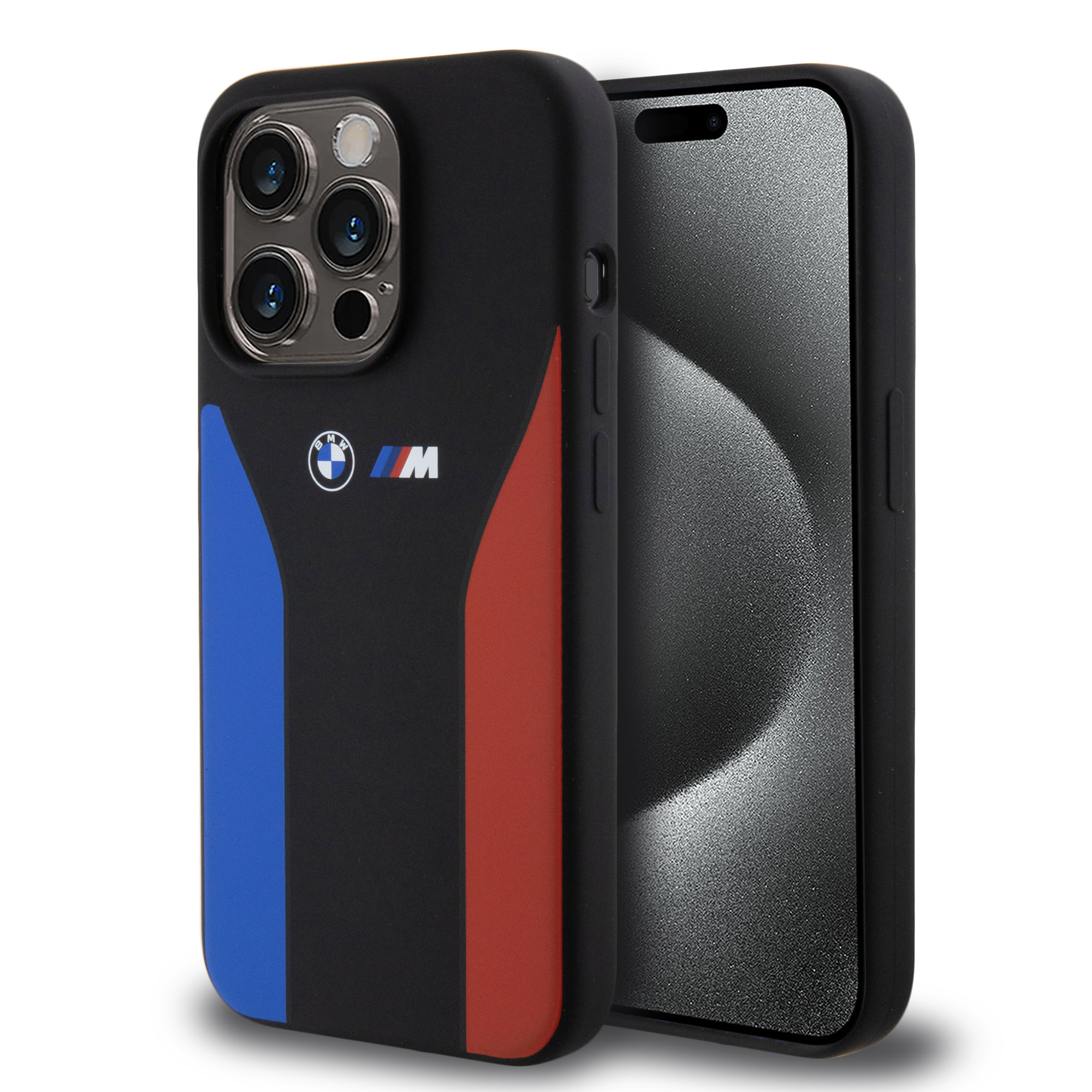BMW BMW iPhone 15 Pro Backcover hoesje - Blue & Red Stripes - Zwart