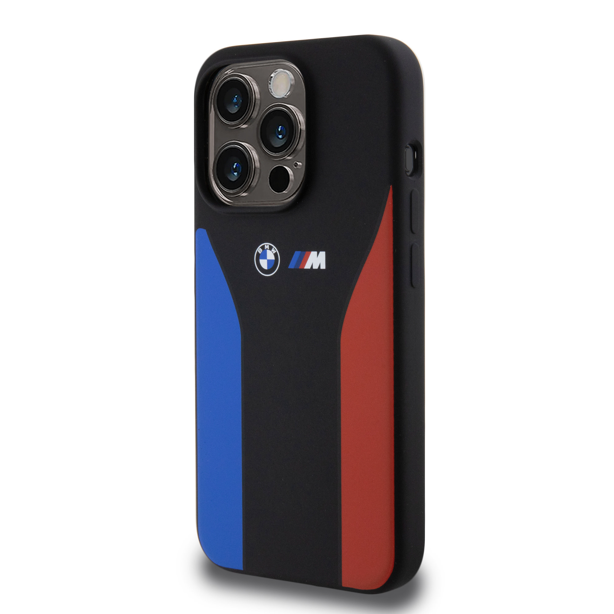 BMW BMW iPhone 15 Pro Backcover hoesje - Blue & Red Stripes - Zwart, foto 2 van 6