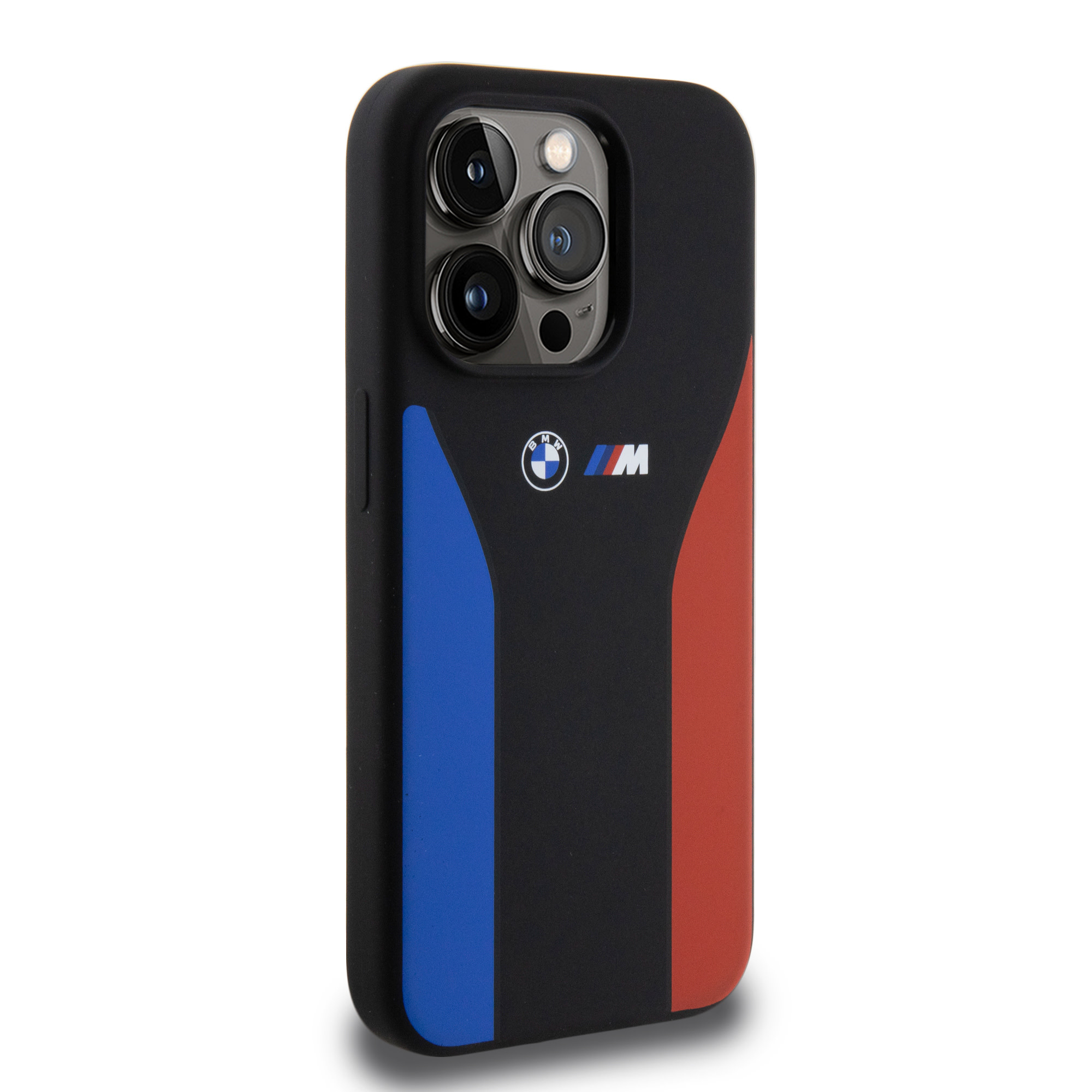 BMW BMW iPhone 15 Pro Backcover hoesje - Blue & Red Stripes - Zwart, foto 3 van 6