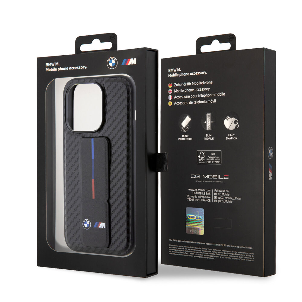 BMW BMW iPhone 15 Pro Backcover hoesje - Gripstand - Carbon Print - Zwart BMW BMW iPhone 15 Pro Backcover hoesje - Gripstand - Carbon Print - Zwart