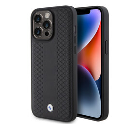 BMW BMW iPhone 15 Pro Max Back-Cover hul - Red Leather Signature - Diamond Pattern - Schwarz BMW BMW iPhone 15 Pro Max Back-Cover hul - Red Leather Signature - Diamond Pattern - Schwarz