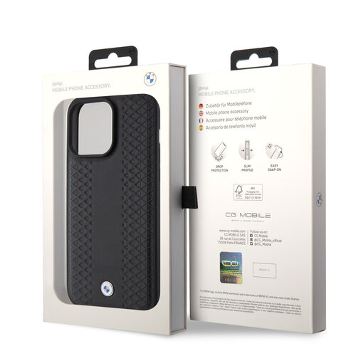 BMW BMW iPhone 15 Pro Max Backcover hoesje - Red Leather Signature - Diamond Pattern - Zwart