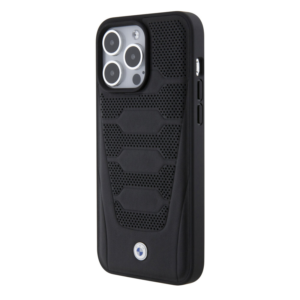 BMW BMW iPhone 15 Pro Max Back-Cover hul - Red Leather Signature - Perforated Seats Design - Schwarz BMW BMW iPhone 15 Pro Max Back-Cover hul - Red Leather Signature - Perforated Seats Design - Schwarz