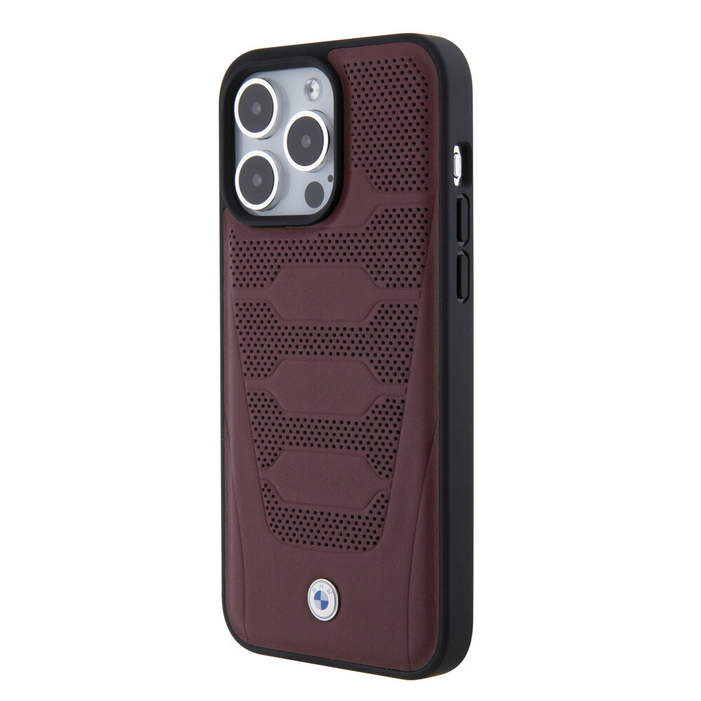 BMW BMW iPhone 15 Pro Max Back-Cover hul - Red Leather Signature - Perforated Seats Design - Burgundy BMW BMW iPhone 15 Pro Max Back-Cover hul - Red Leather Signature - Perforated Seats Design - Burgundy