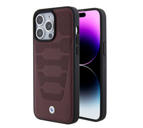 BMW BMW iPhone 15 Pro Max Back-Cover hul - Red Leather Signature - Perforated Seats Design - Burgundy BMW BMW iPhone 15 Pro Max Back-Cover hul - Red Leather Signature - Perforated Seats Design - Burgundy