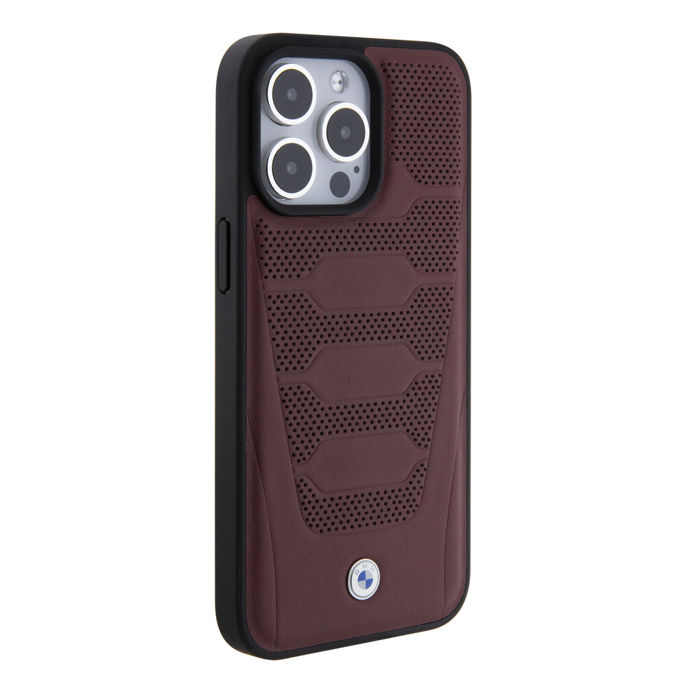 BMW BMW iPhone 15 Pro Max Back-Cover hul - Red Leather Signature - Perforated Seats Design - Burgundy BMW BMW iPhone 15 Pro Max Back-Cover hul - Red Leather Signature - Perforated Seats Design - Burgundy