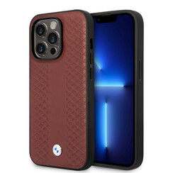 BMW iPhone 14 Pro Backcover hoesje - Red Leather Signature - Diamond Hot Stamp Pattern - Burgundy