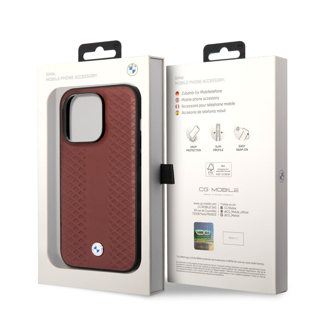 BMW BMW iPhone 14 Pro Back-Cover hul - Red Leather Signature - Diamond Hot Stamp Pattern - Burgundy BMW BMW iPhone 14 Pro Back-Cover hul - Red Leather Signature - Diamond Hot Stamp Pattern - Burgundy