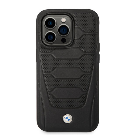 BMW BMW iPhone 14 Pro Back-Cover hul - Red Leather Signature - Perforated Seats Design - Schwarz BMW BMW iPhone 14 Pro Back-Cover hul - Red Leather Signature - Perforated Seats Design - Schwarz