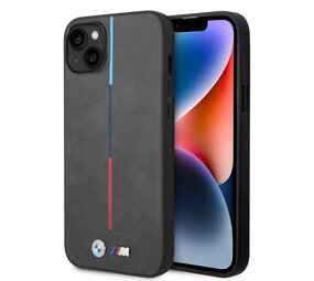 BMW BMW iPhone 14 Plus & 15 Plus Backcover hoesje - M Collection - Quilted - Tricolor Stripe - Grijs BMW BMW iPhone 14 Plus & 15 Plus Backcover hoesje - M Collection - Quilted - Tricolor Stripe - Grijs
