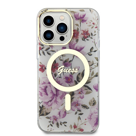 Guess Guess iPhone 15 Pro Back-Cover hul - Magsafe - Flower Pattern - Transparent Guess Guess iPhone 15 Pro Back-Cover hul - Magsafe - Flower Pattern - Transparent