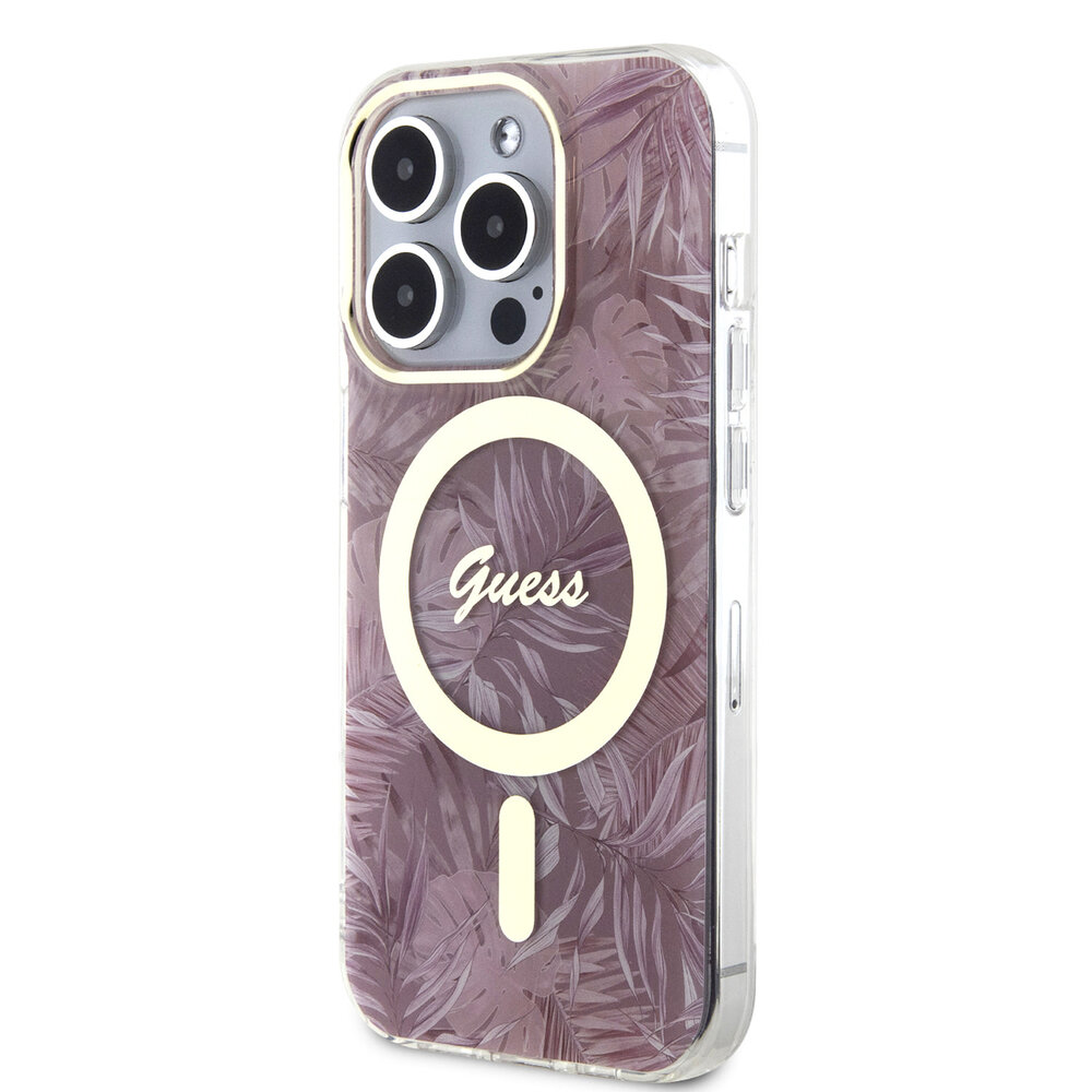 Guess Guess iPhone 15 Pro Back-Cover hul - Magsafe - Jungle Pattern - Rosa Guess Guess iPhone 15 Pro Back-Cover hul - Magsafe - Jungle Pattern - Rosa