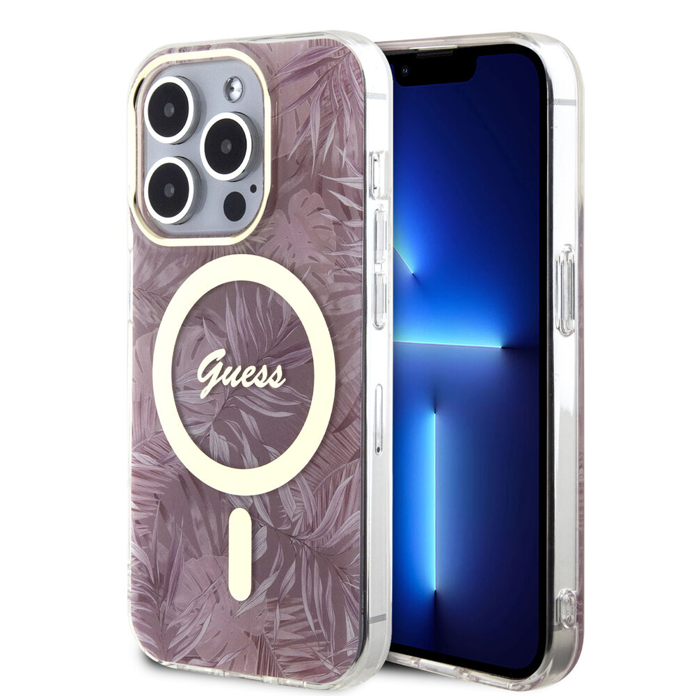 Guess Guess iPhone 15 Pro Backcover hoesje - Magsafe - Jungle Pattern - Roze Guess Guess iPhone 15 Pro Backcover hoesje - Magsafe - Jungle Pattern - Roze
