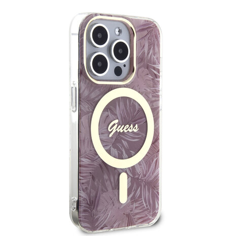 Guess Guess iPhone 15 Pro Back-Cover hul - Magsafe - Jungle Pattern - Rosa Guess Guess iPhone 15 Pro Back-Cover hul - Magsafe - Jungle Pattern - Rosa
