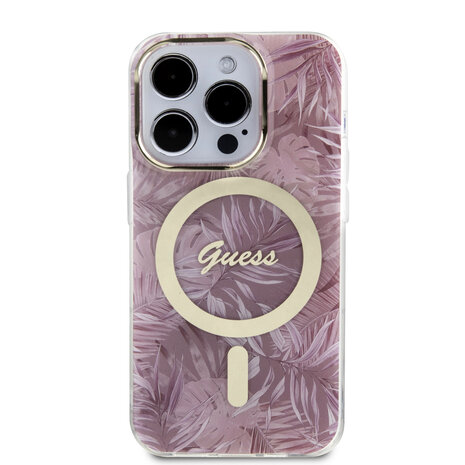 Guess Guess iPhone 15 Pro Back-Cover hul - Magsafe - Jungle Pattern - Rosa Guess Guess iPhone 15 Pro Back-Cover hul - Magsafe - Jungle Pattern - Rosa