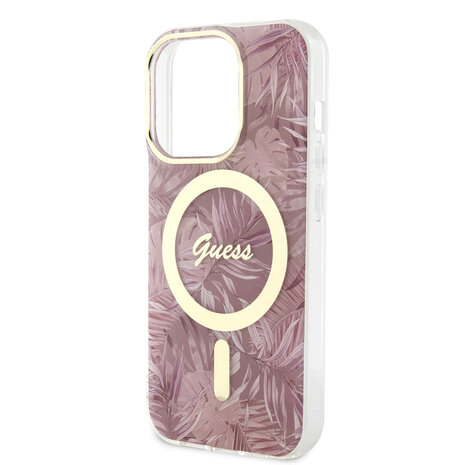 Guess Guess iPhone 15 Pro Back-Cover hul - Magsafe - Jungle Pattern - Rosa Guess Guess iPhone 15 Pro Back-Cover hul - Magsafe - Jungle Pattern - Rosa