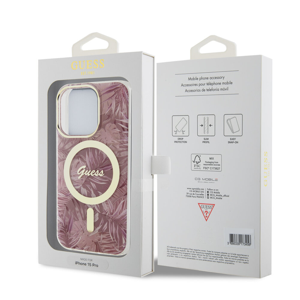 Guess Guess iPhone 15 Pro Back-Cover hul - Magsafe - Jungle Pattern - Rosa Guess Guess iPhone 15 Pro Back-Cover hul - Magsafe - Jungle Pattern - Rosa