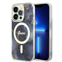 Guess iPhone 15 Pro Back cover case - Magsafe - Marble Pattern - Blue