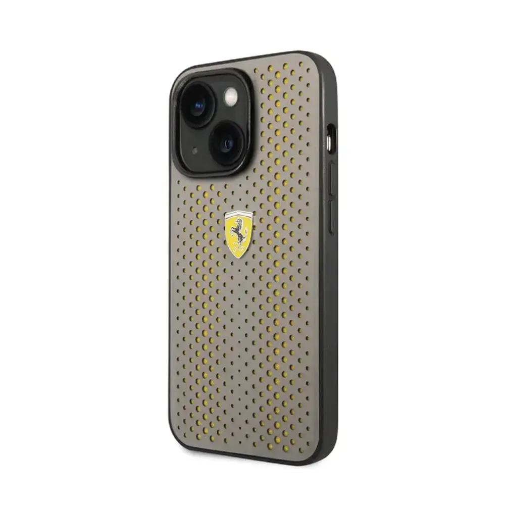 Ferrari Ferrari iPhone 14 Plus & 15 Plus Back-Cover hul - Perforated - Nylon Base - Taupe Ferrari Ferrari iPhone 14 Plus & 15 Plus Back-Cover hul - Perforated - Nylon Base - Taupe