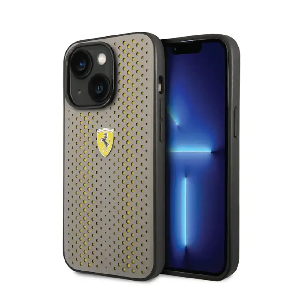 Ferrari Ferrari iPhone 14 Plus & 15 Plus Back-Cover hul - Perforated - Nylon Base - Taupe Ferrari Ferrari iPhone 14 Plus & 15 Plus Back-Cover hul - Perforated - Nylon Base - Taupe
