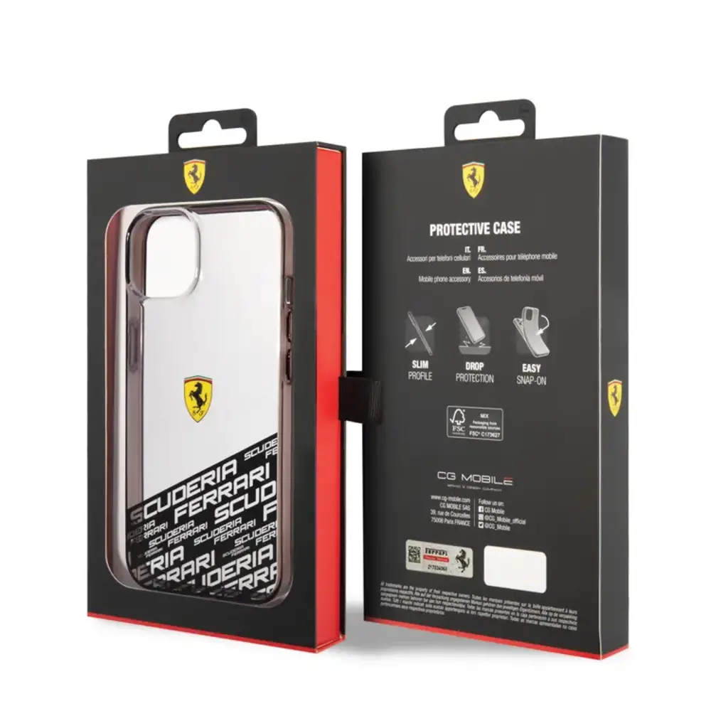 Ferrari Ferrari iPhone 14 Plus & 15 Plus Backcover hoesje - Bottom Scuderia Allover - Zilver Ferrari Ferrari iPhone 14 Plus & 15 Plus Backcover hoesje - Bottom Scuderia Allover - Zilver