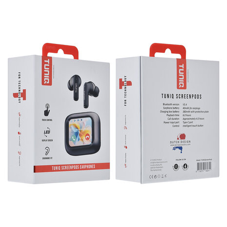 TUNIQ TUNIQ ScreenPods draadloze oordopje met charging case - Zwart TUNIQ TUNIQ ScreenPods draadloze oordopje met charging case - Zwart