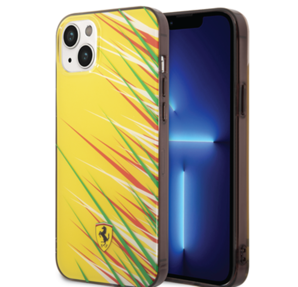 Ferrari Ferrari iPhone 14 Plus & 15 Plus Backcover hoesje - Double Layer Grass Print - Geel Ferrari Ferrari iPhone 14 Plus & 15 Plus Backcover hoesje - Double Layer Grass Print - Geel