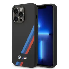 BMW iPhone 14 Plus & 15 Plus Backcover hoesje - M Collection - Slanted Tricolor Stripes - Zwart
