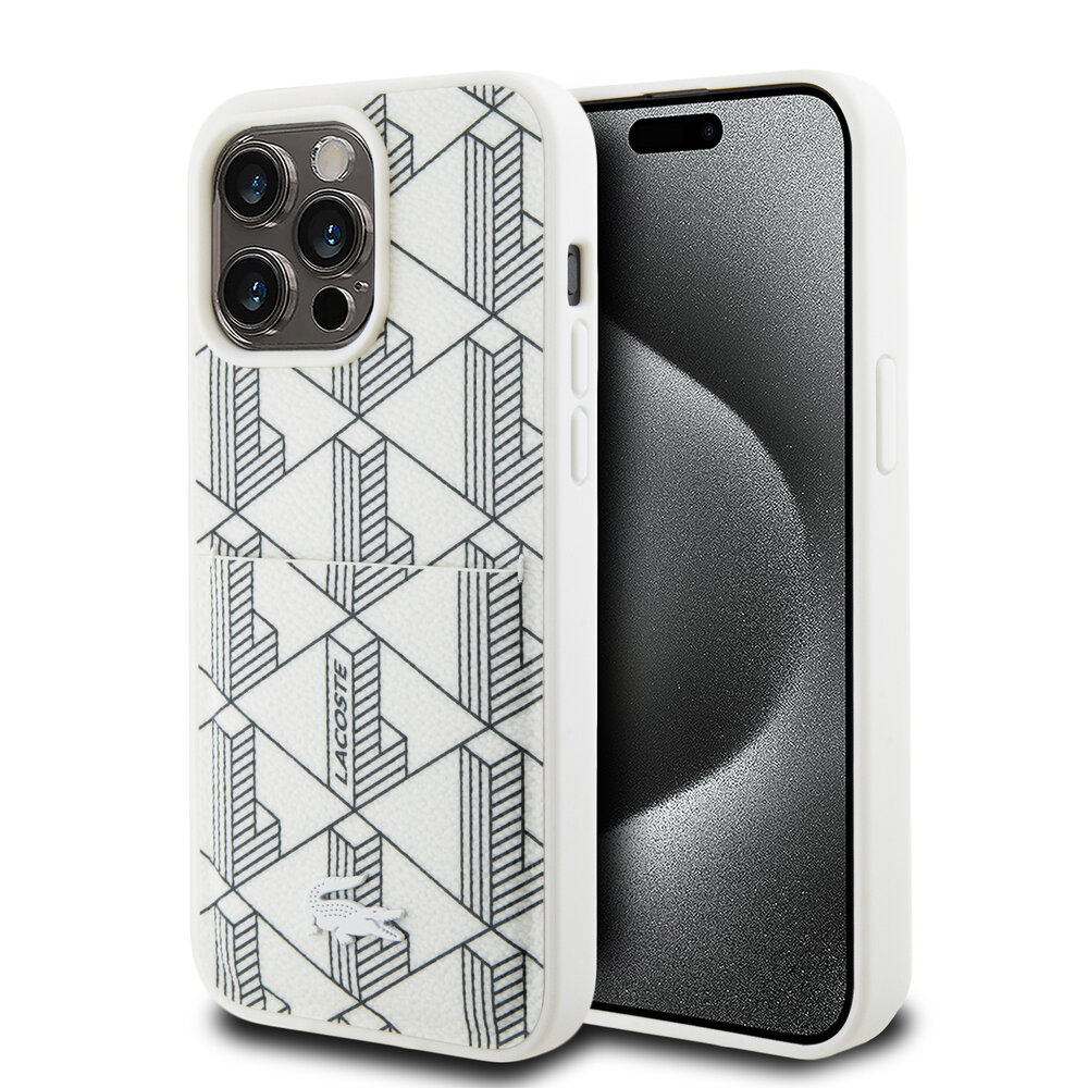 Lacoste Lacoste iPhone 15 Pro Back cover case - The Blend Monogram - With Cardslot - White Lacoste Lacoste iPhone 15 Pro Back cover case - The Blend Monogram - With Cardslot - White