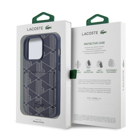 Lacoste Lacoste iPhone 15 Pro Back cover case - The Blend Monogram - With Cardslot - Navy Lacoste Lacoste iPhone 15 Pro Back cover case - The Blend Monogram - With Cardslot - Navy